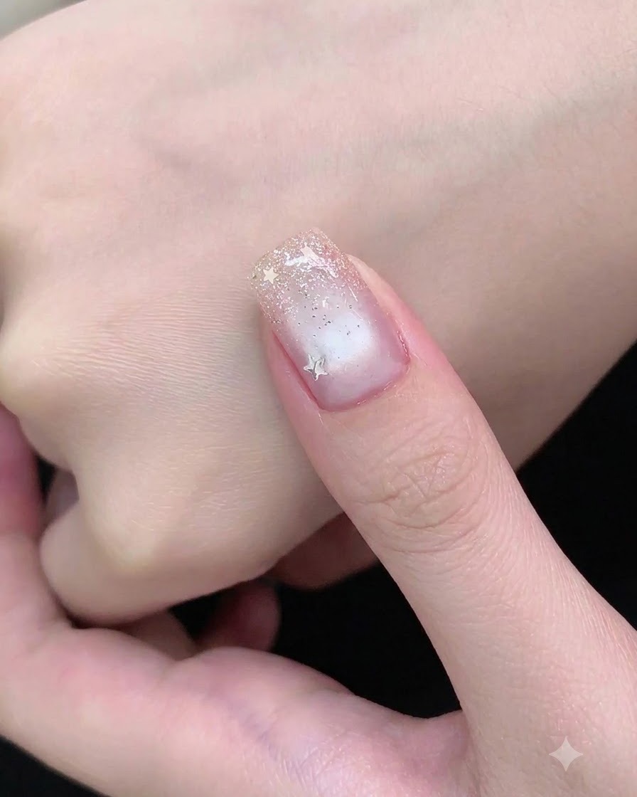 Ein Pinsel trägt einen klaren Gel-Unterlack auf die Oberfläche eines vorbereiteten Naturnagels auf.