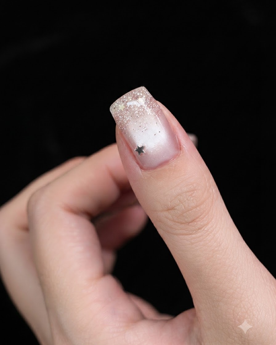 Nahaufnahme eines Fingernagels mit einem silbernen Glitterverlauf, der von der Spitze über eine Cat-Eye-Basis nach unten verblendet wird.