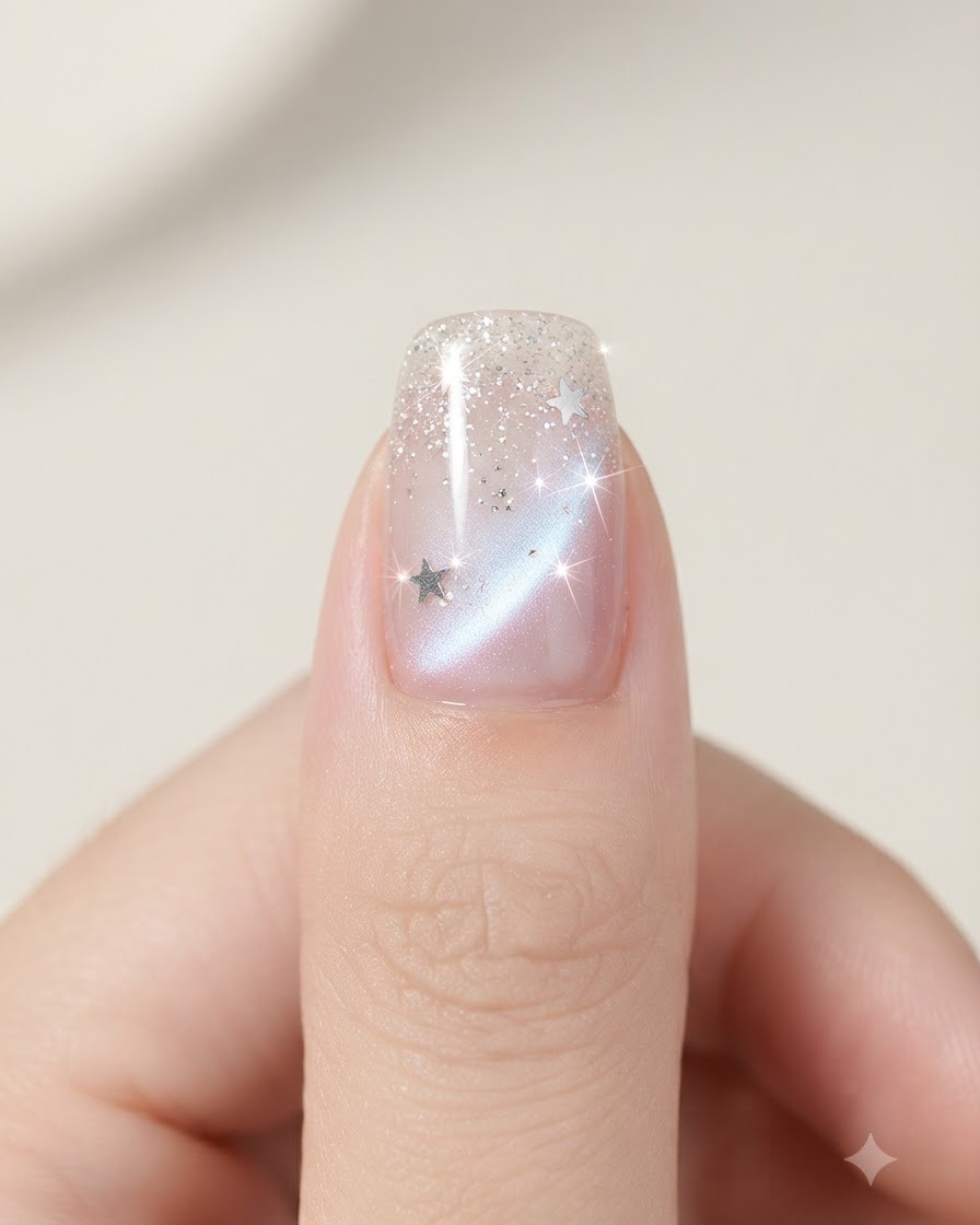 Eine Pinzette platziert kleine silberne Stern-Glitterstücke auf einem lackierten Gelnagel.
