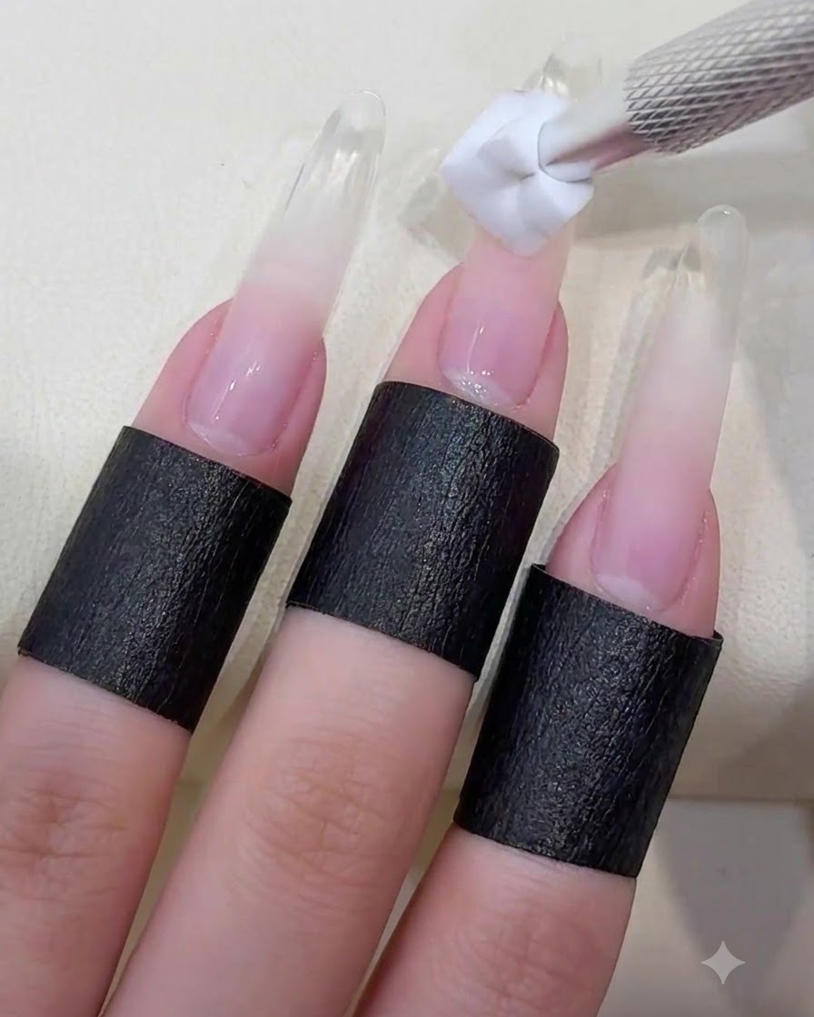 Ein fusselfreies Tuch tupft transparenten hellblauen Nagellack auf die Spitze eines langen, vorbereiteten Naturnagels.