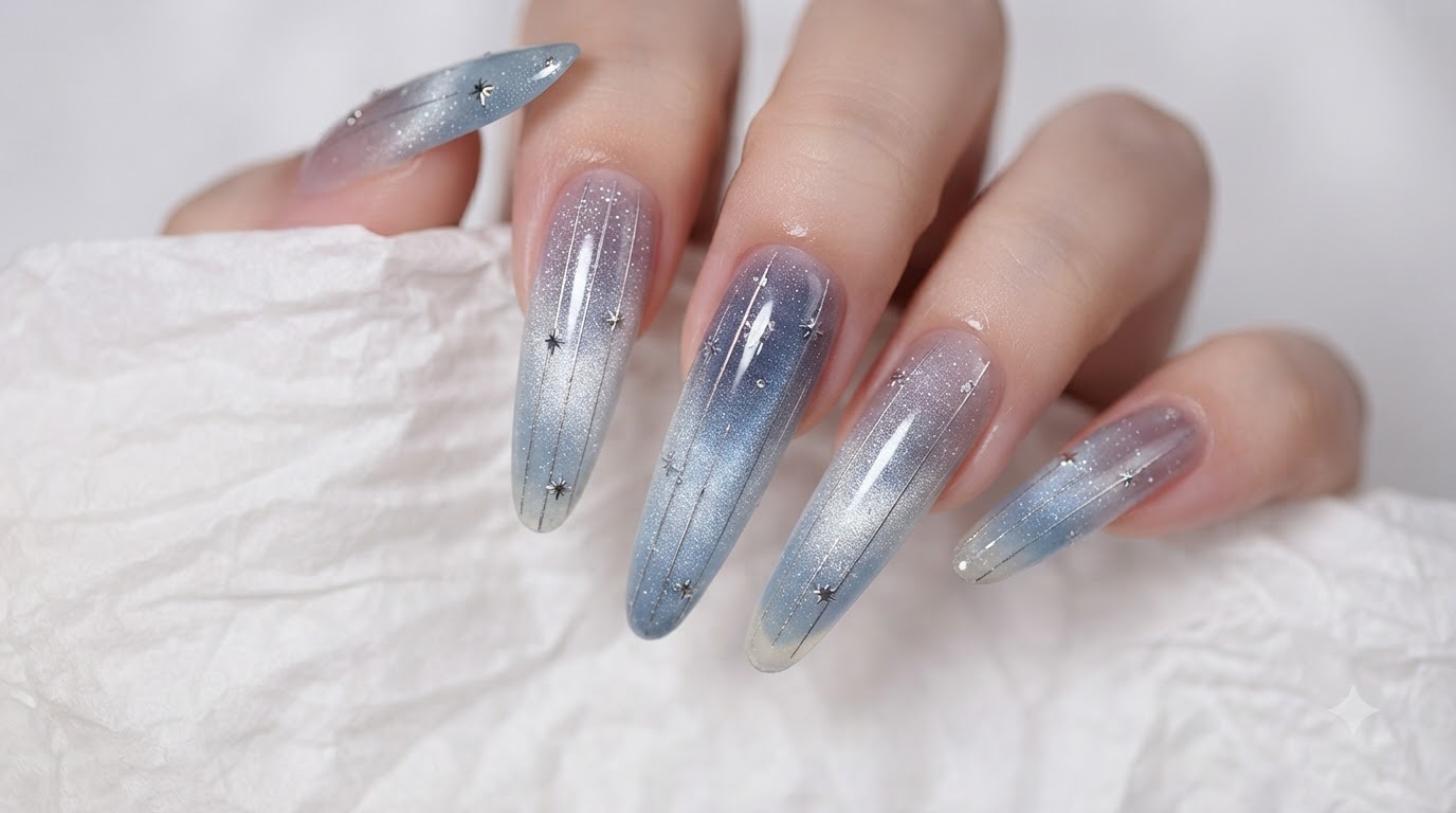 Sommerliche Starry Cat Eye Nägel — Blauer Farbverlauf & Sternen-Design