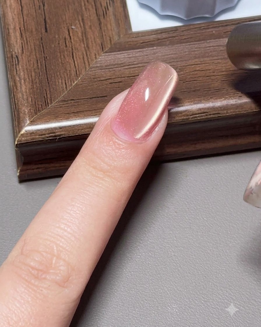 Ein zylindrischer Magnet wird nahe an die Seite eines Cat-Eye-Gelnagels gehalten, um ein seitliches Leuchten zu erzeugen.