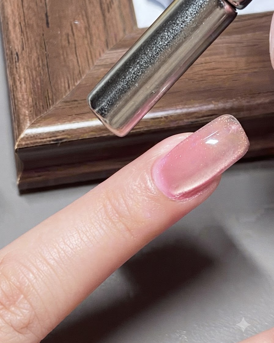 Ein Magnetwerkzeug wird über dem Nagel positioniert, um einen breiten Cat-Eye-Effekt zu erzeugen.
