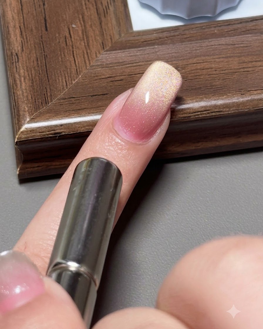 Ein Magnet schiebt vom Nagelhautbereich in Richtung der freien Kante, um einen Farbverlauf zu bilden.