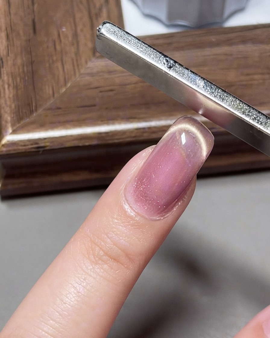 Ein breiter Magnet formt eine French-Smile-Line-Reflexion auf dem Cat-Eye-Gelnagel.