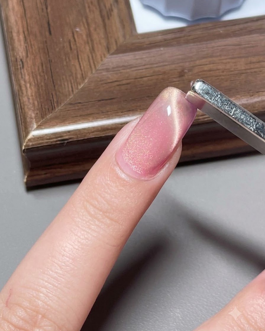 Ein breites Magnetwerkzeug wird aufrecht nahe an einen rosafarbenen Cat-Eye-Gelnagel gehalten, um eine helle Mittellinie zu bilden.