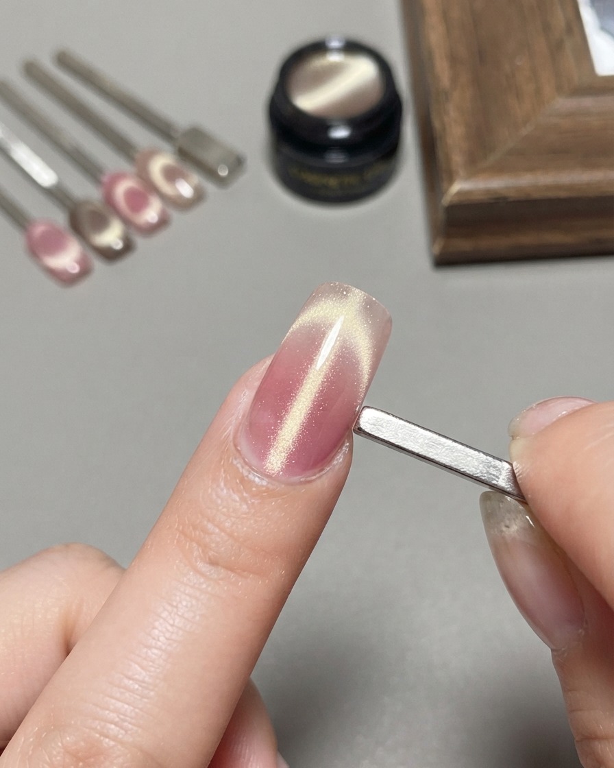 Ein breiter Magnet wird flach und aufrecht gegen die Seite eines Nagels gehalten, was einen Lichtwellen-Cat-Eye-Effekt zeigt.