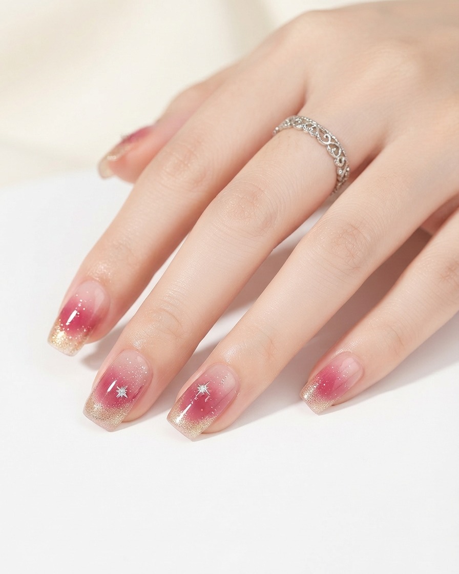 Ein kleiner Nagelpinsel trägt rosa Gel-Lack auf die Mitte eines Fingernagels auf, um einen Farbverlauf zu erzeugen.