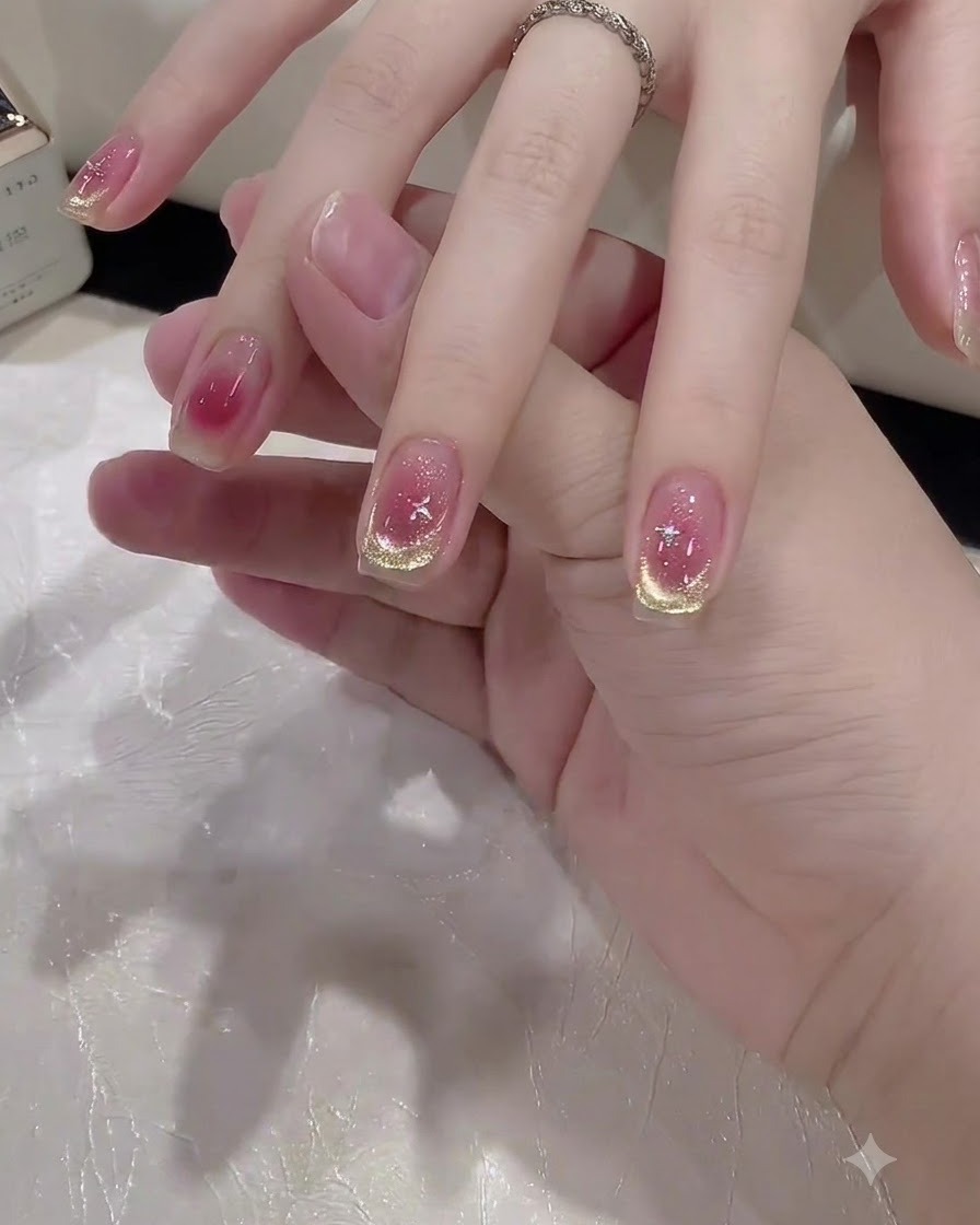 Ein flacher Verblendungspinsel glättet einen rosa Gel-Farbverlauf zum Nagelbett hin auf einem Fingernagel.