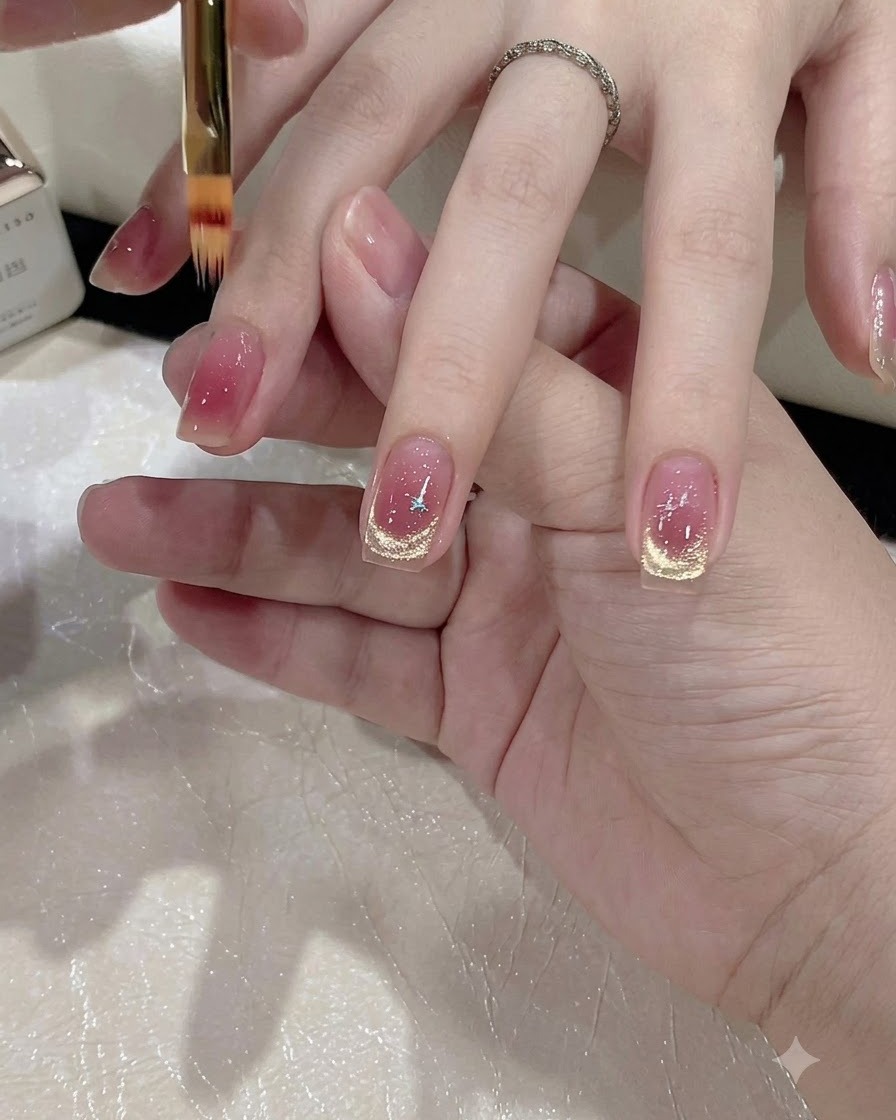 Ein feiner Detailpinsel verfeinert die Kanten eines rosa Ombré-Nageldesigns.