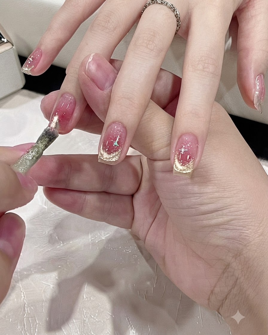 Ein Pinsel trägt funkelndes goldenes Magnet-Cat-Eye-Gel auf, um eine French-Spitze zu formen.