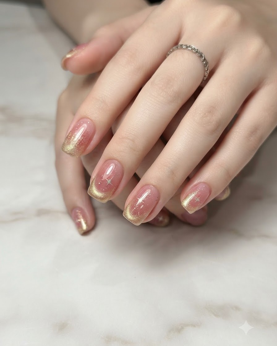 Nahaufnahme einer Hand, die einen Magnetstab über goldene Cat-Eye-Gel-Spitzen hält.
