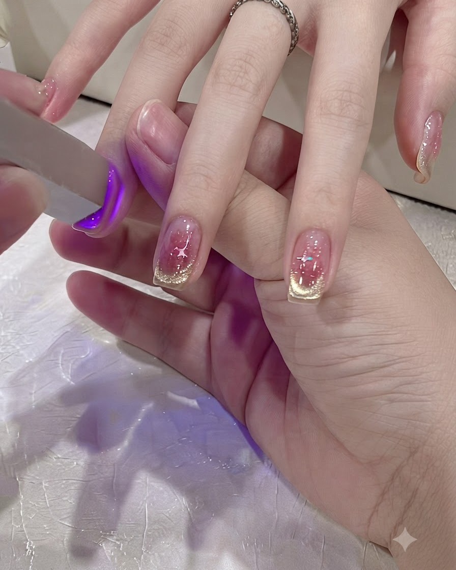 Eine Mini-UV-LED-Lampe härtet den Top Coat auf manikürten Fingern aus.