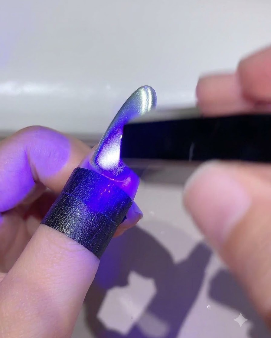 Ein Fingernagel unter einer UV-LED-Lampe härtet das gestaltete Cat-Eye-Gel aus.