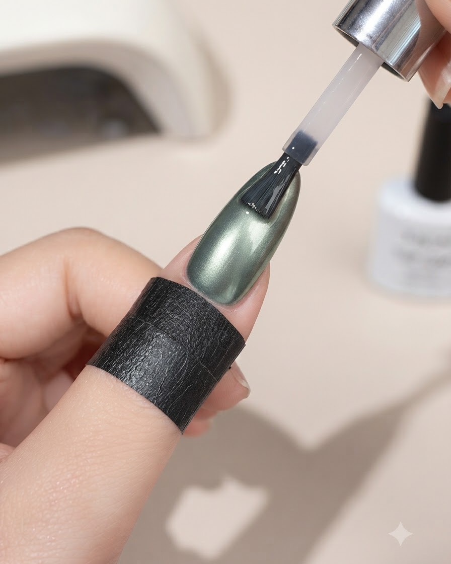 Ein Pinsel trägt den Style-Valley-Puder-Polier-Topcoat über einem grünen Cat-Eye-Nagel auf.