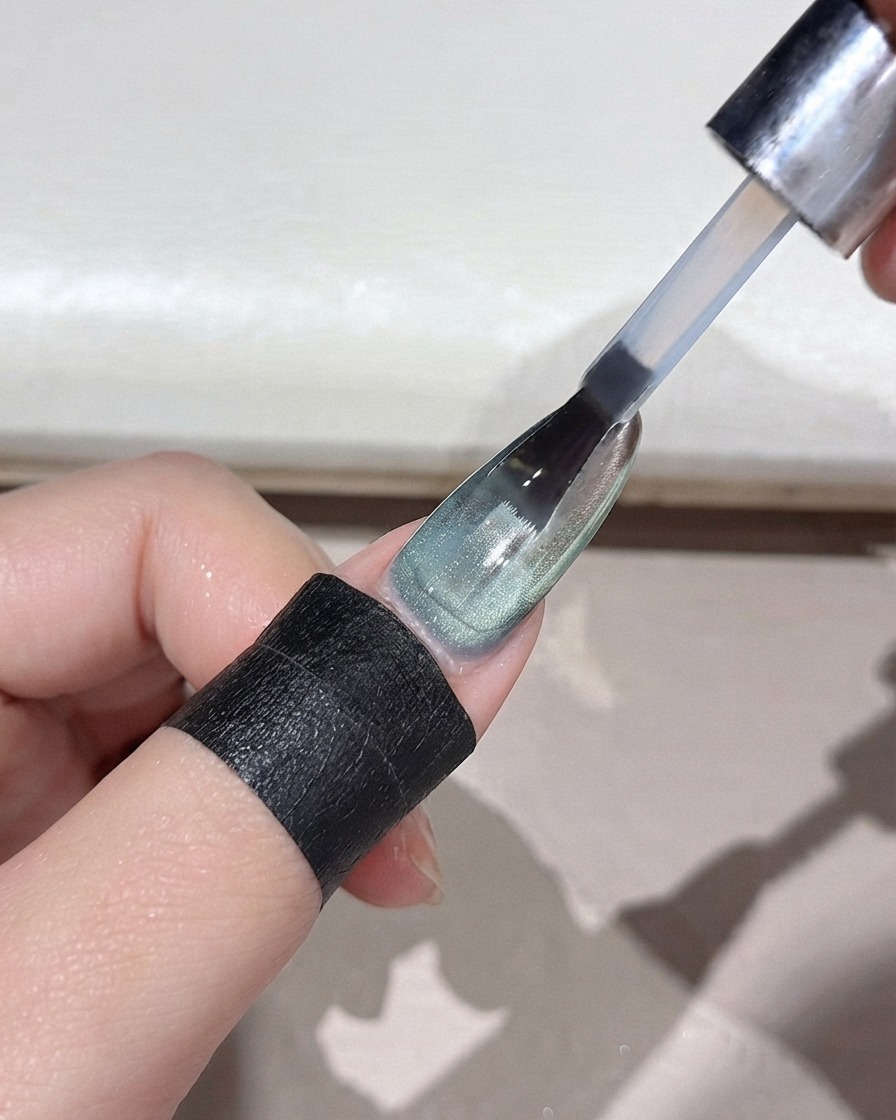 Ein Nagelpinsel trägt einen klaren Topcoat über einem spiegelglänzenden, grünen Puder-Verlaufsnagel auf.