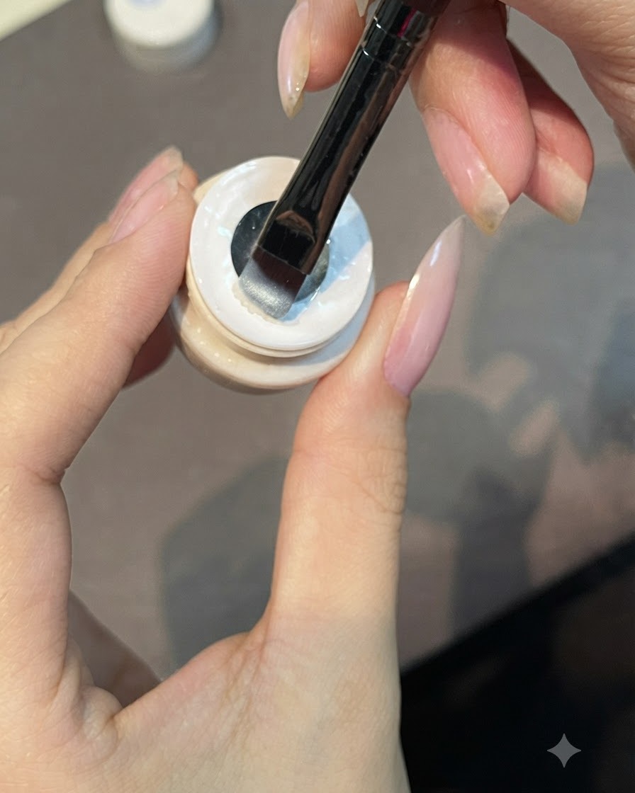 Ein flacher Pinsel trägt eine dünne Schicht transluzentes Cat-Eye-Gel auf den Nagel auf.