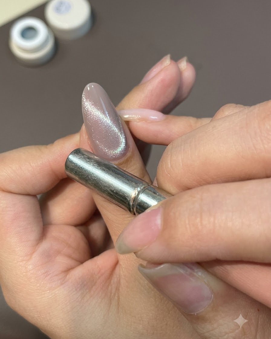 Ein starker Magnet wird nahe an einen glänzenden graubraunen Cat-Eye-Gel-Nagel gehalten und zieht den Schimmer in eine zentrierte, leuchtende Linie.