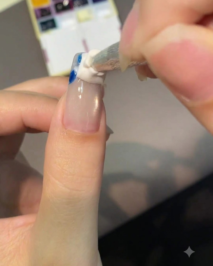 Ein Schwammapplikator tupft sanft weiße und blaue Pigmente auf die Spitze eines mandelförmigen Nagels.