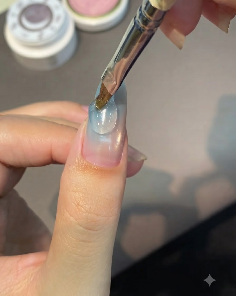 Ein Nagelpinsel trägt einen klaren Tropfen Struktur-Modelliergel auf die Oberfläche eines manikürten Nagels auf.