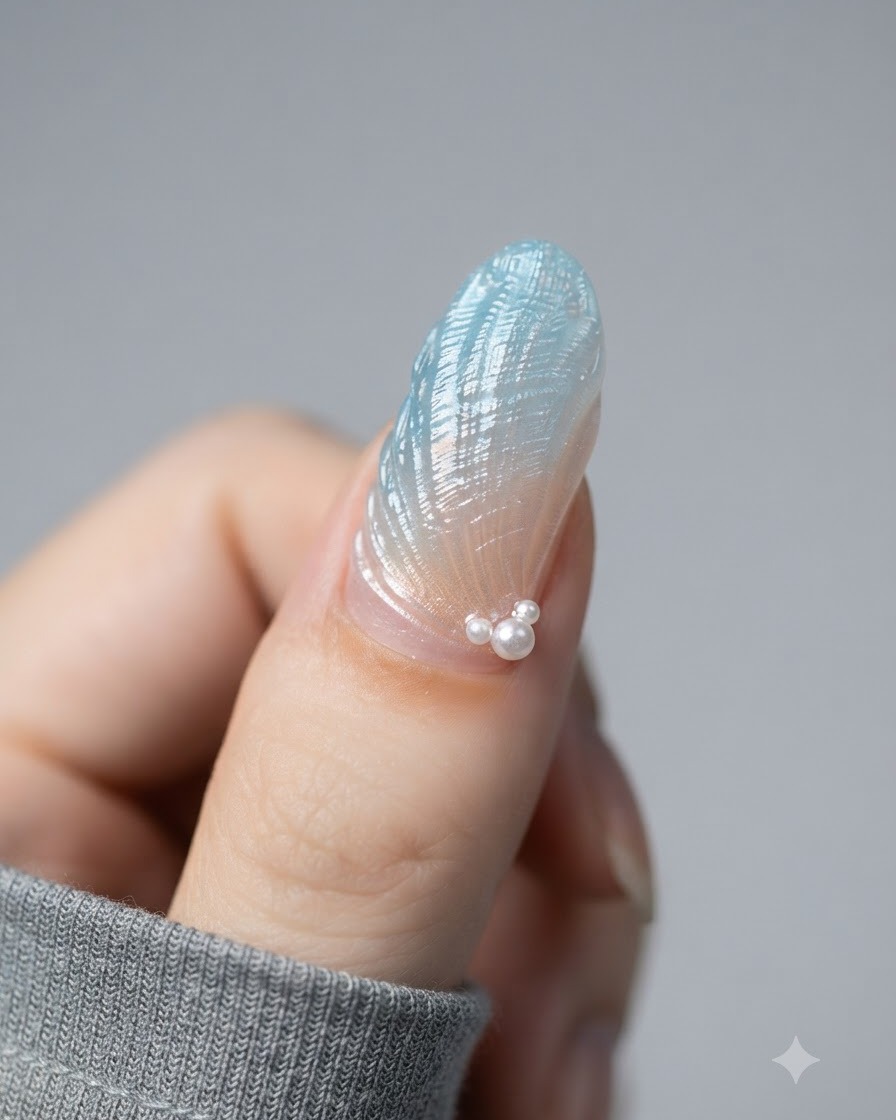 Ein Pinsel trägt einen versiegelnden Topcoat über einen chromveredelten, strukturierten Nagel mit Perlenakzenten auf.