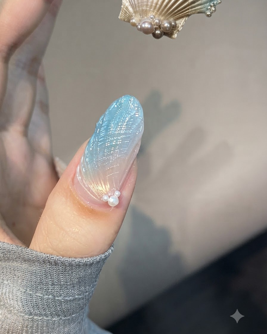 Ein feiner Liner-Pinsel mit Gel aus der Flasche wird in die Nähe eines strukturierten Nagels gehalten, um detaillierte Muschellinien zu definieren.