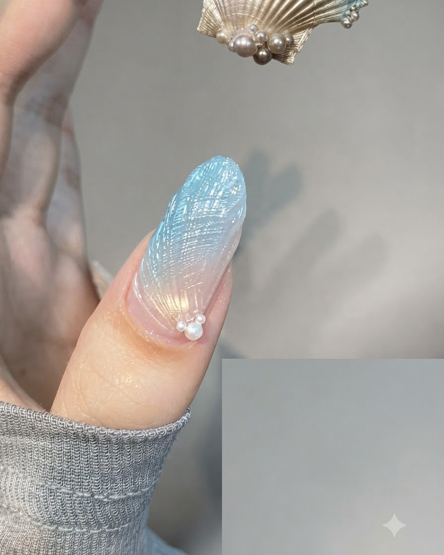 Eine Nahaufnahme eines fertigen blauen, muskelstrukturierten Nagels mit kleinen Perlenverzierungen ordentlich platziert im Nagelhautbereich.