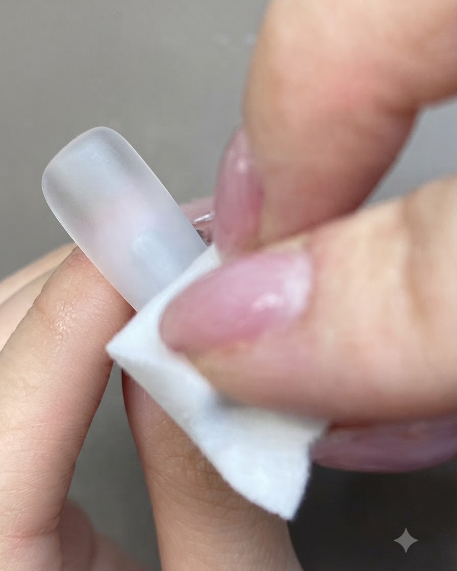 Ein Wattepad mit weißem Gel wird sanft auf die Spitze eines mattweißen künstlichen Nagels getupft.