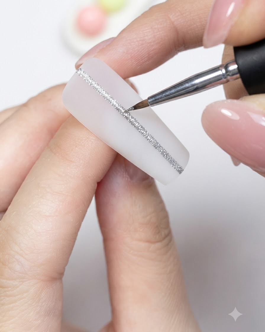 Ein feiner Nailart-Pinsel zeichnet eine silberne Glitzerlinie auf einen mattweißen künstlichen Nagel.