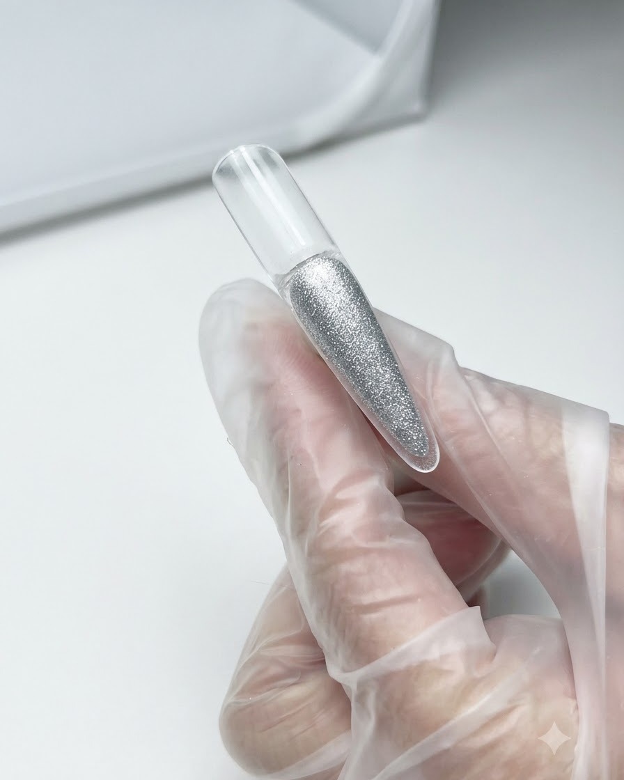 Ein Gelpinsel trägt eine Schicht nudefarbenes Cat-Eye-Gel auf die obere Hälfte einer klaren Nagelspitze auf.