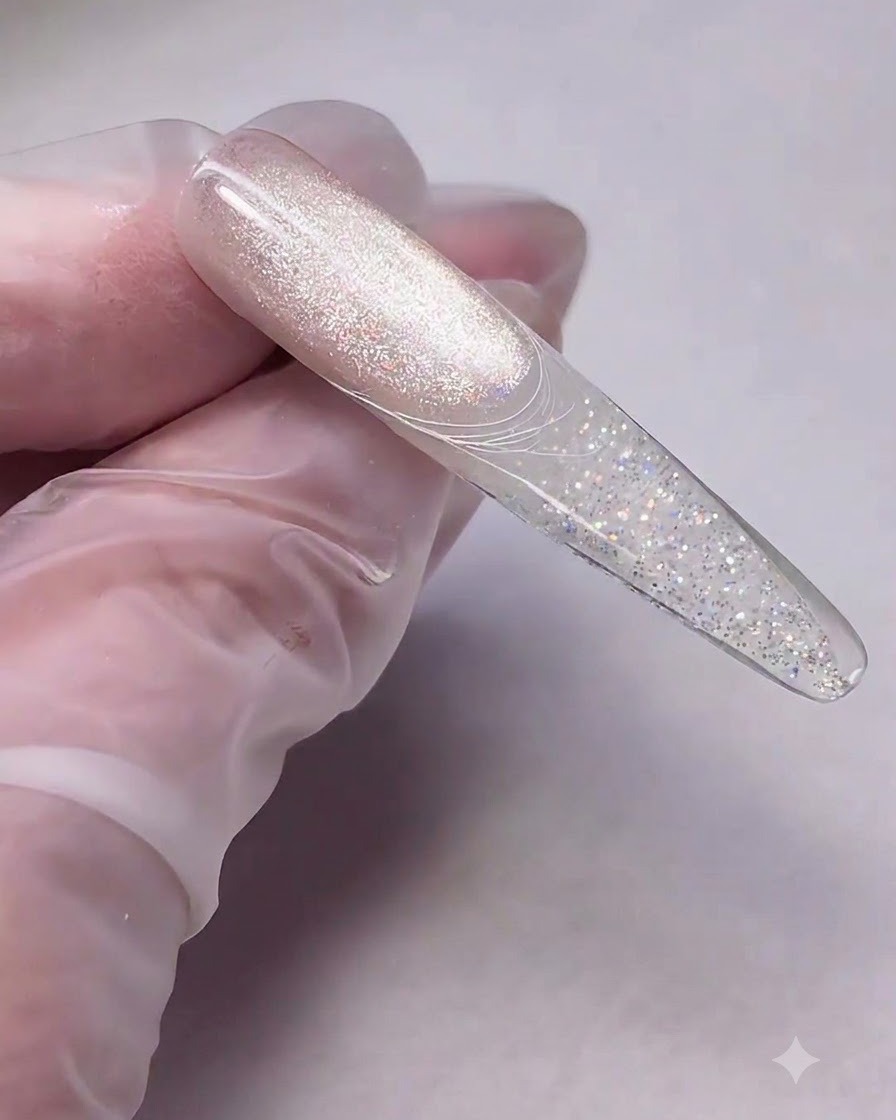 Ein feiner Linerpinsel zieht weißes Spinnengel über eine Nagelspitze, um dünne, sich kreuzende Linien zu erzeugen.
