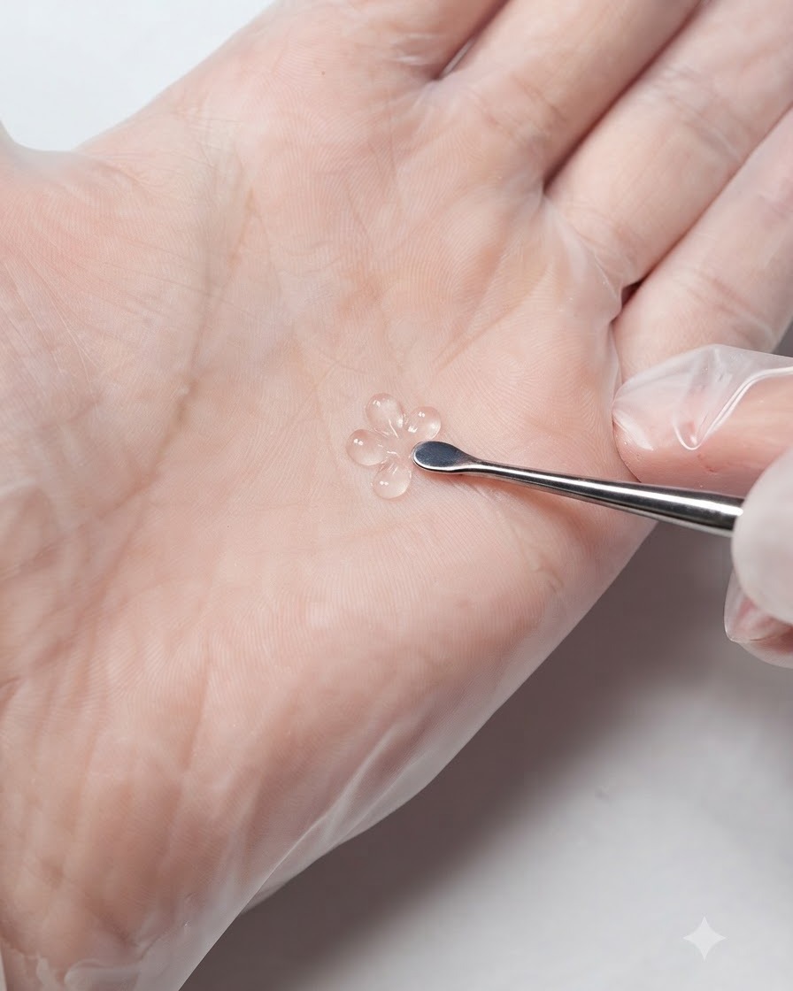 Ein Nagelhautschieber aus Metall nimmt eine kleine Perle aus festem, weißem 3D-Modelliergel auf.