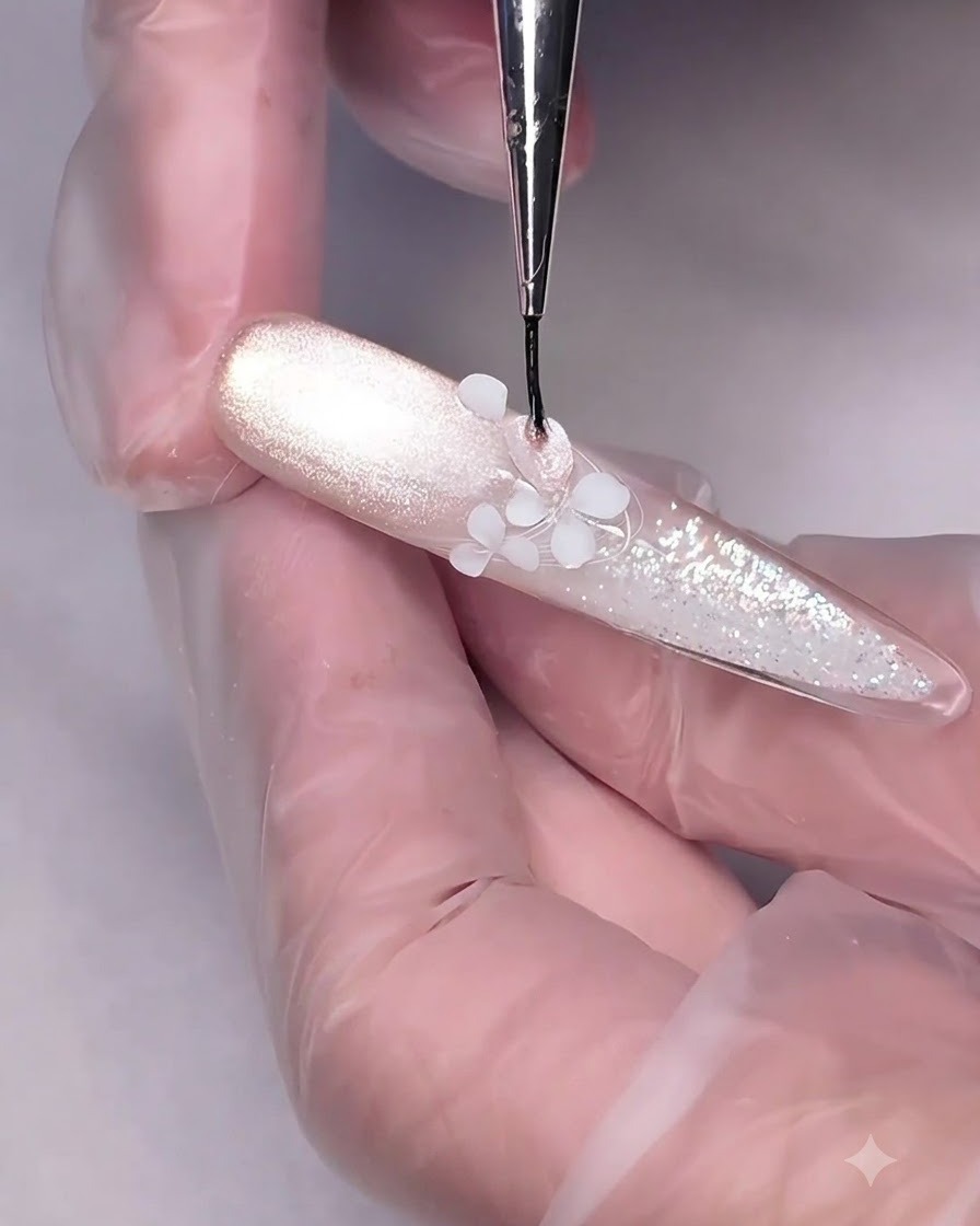 Eine Nahaufnahme eines zylindrischen Magneten, der knapp über einem detaillierten Nagelkunst-Blumendesign gehalten wird, um den magnetischen Cat-Eye-Schimmer zu aktivieren.