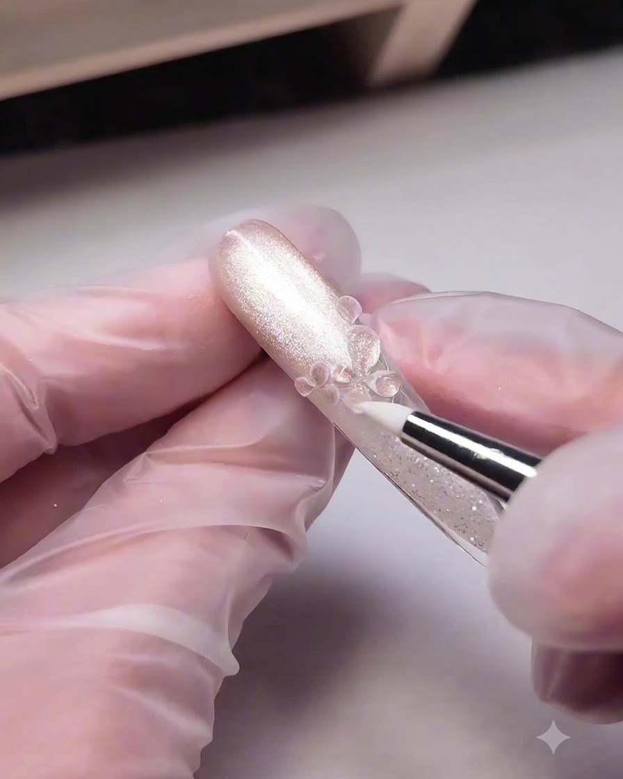 Ein Detailpinsel trägt klares, dickes Modelliergel über 3D-modellierte Blütenblätter auf, um einen glänzenden Eiskristall-Look zu erzeugen.