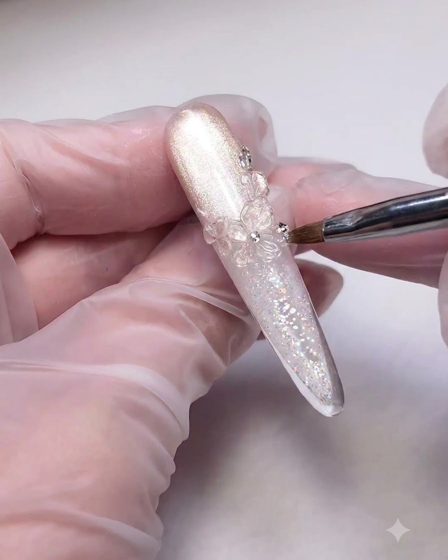 Ein Werkzeug platziert winzige silberne Strasssteine und Perlen um ein klares 3D-Eiskristall-Design auf einer glitzernden Nagelspitze.