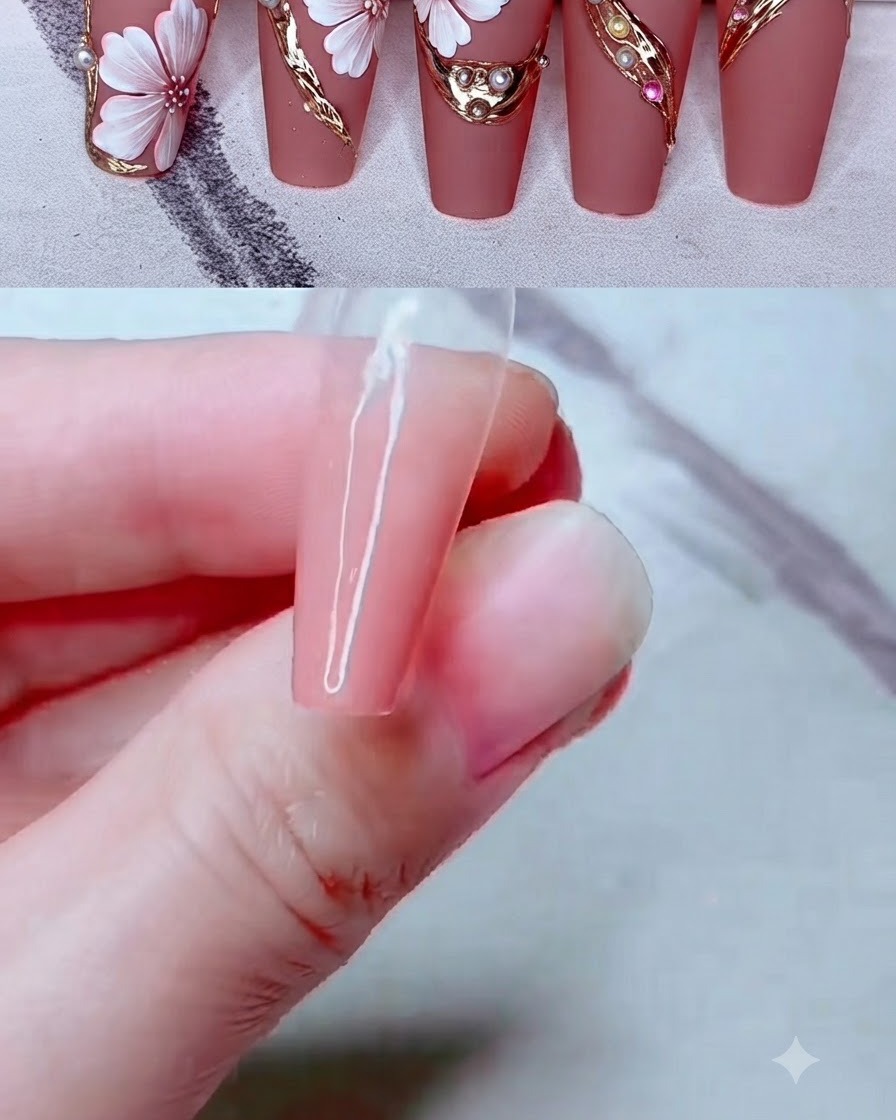 Nahaufnahme einer Nageltechnikerin, die milchig-rosa Gel-Farbe auf eine klare Nagelverlängerung aufträgt.