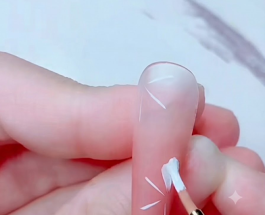 Ein Nail-Art-Pinsel füllt weiße Kirschblütenblätter auf einer rosa Basis aus.