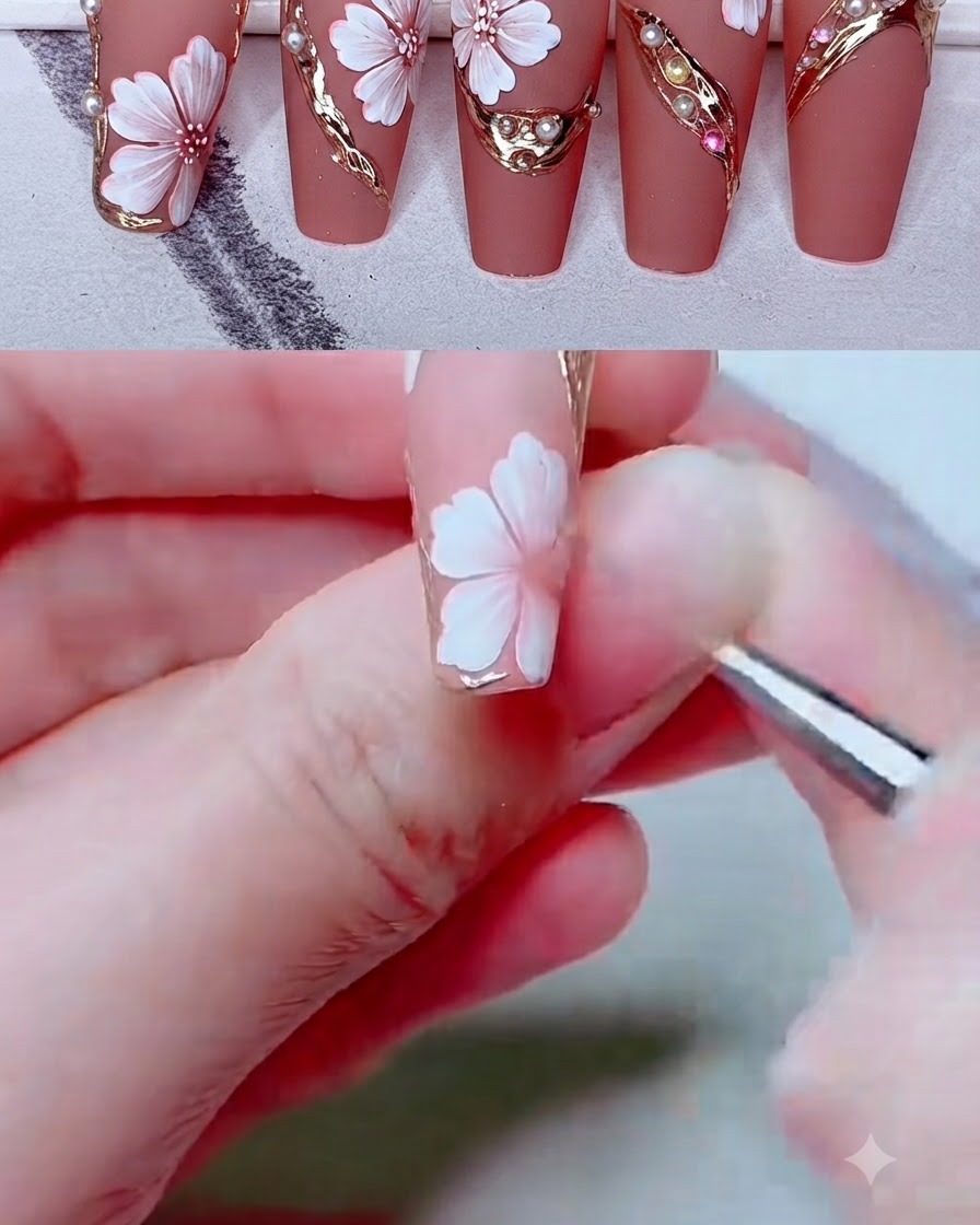 Ein feiner Liner-Pinsel verfeinert Metallic-Gold-Umrisse und geschwungene Rahmen um eine Nagelblume.