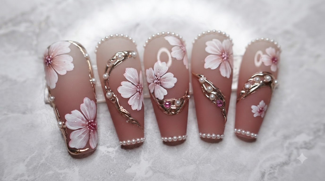 Kirschblüten-Nageldesign mit Goldakzenten und Perlen — Schritt-für-Schritt-Anleitung