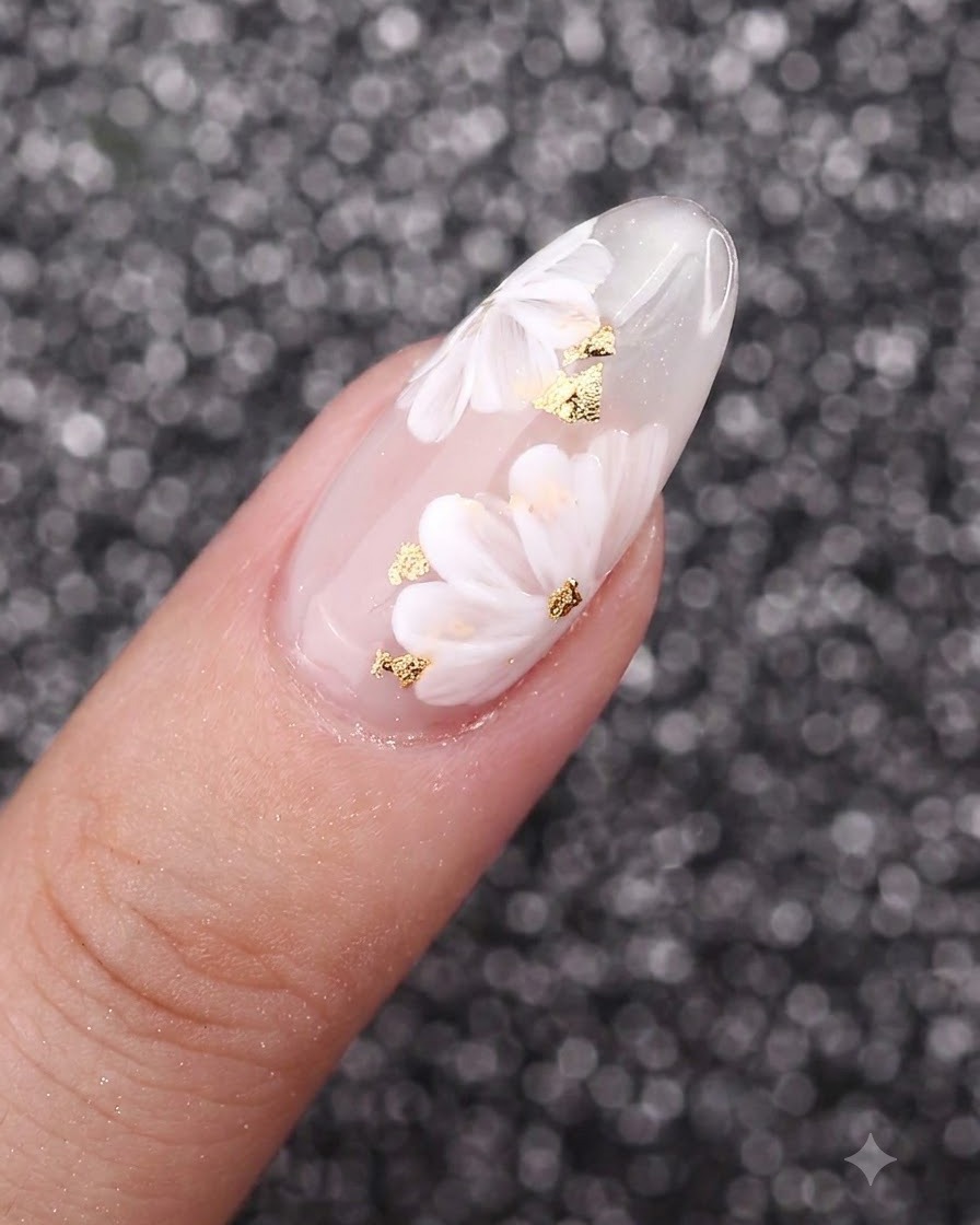 Ein feiner Liner-Pinsel fügt filigrane metallisch-goldene Staubblatt-Details zur Mitte gemalter weißer Blumen auf einem Nagel hinzu.