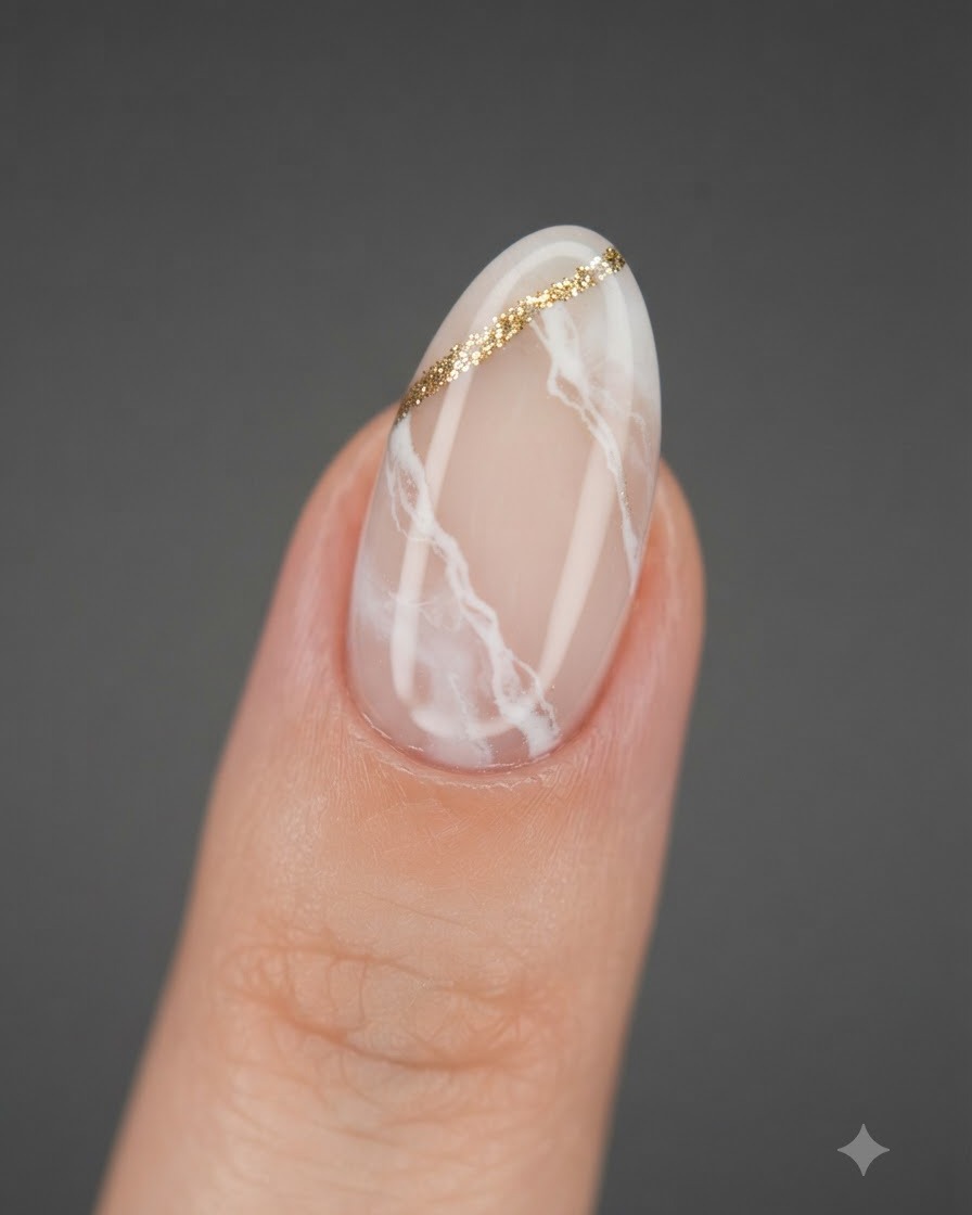 Ein Pinsel trägt eine dicke Schicht klaren glänzenden Top Coat über einem fertigen floralen Nail-Art-Design auf.