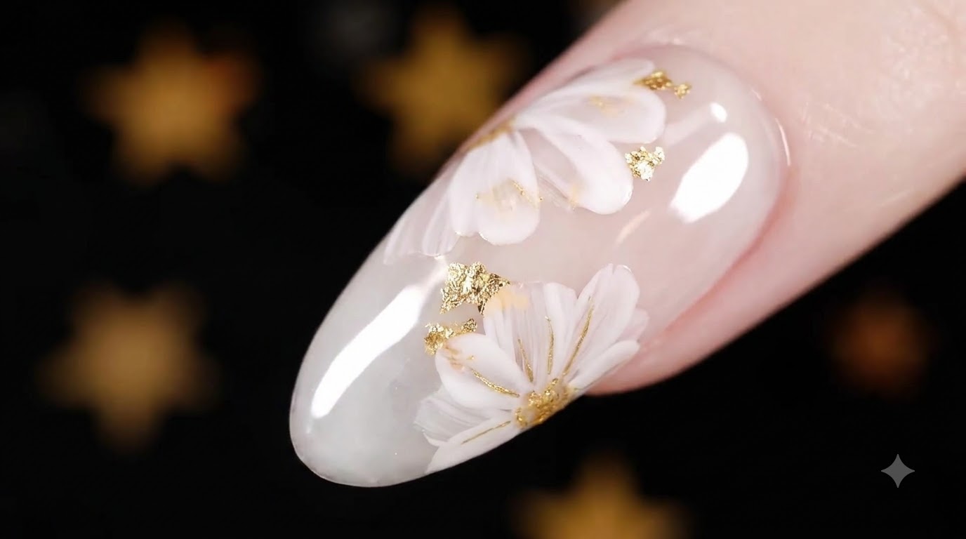 Geschichtetes florales Nageldesign in Weiß mit Blattgold — Elegantes Schritt-für-Schritt-Tutorial