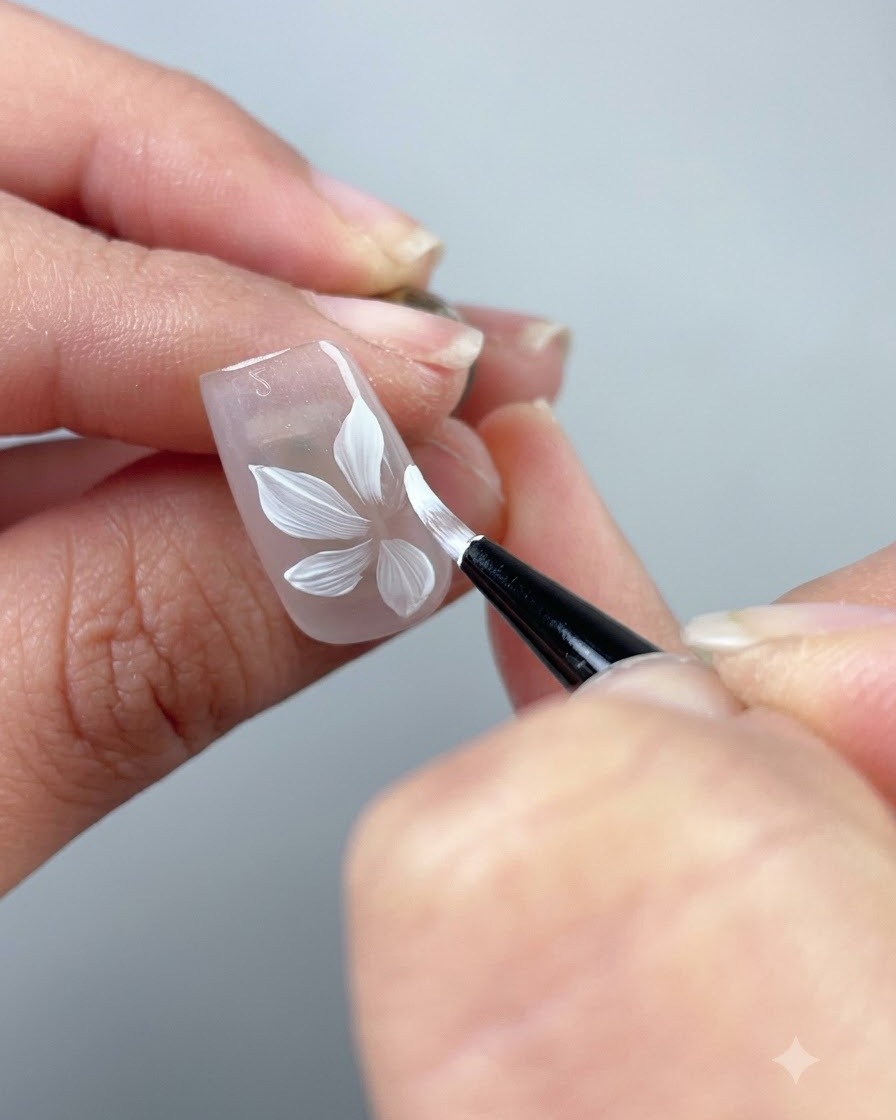 Eine Nahaufnahme einer fast fertigen, fünfblättrigen weißen Blüte, die auf einen klaren Nagel gemalt wurde.