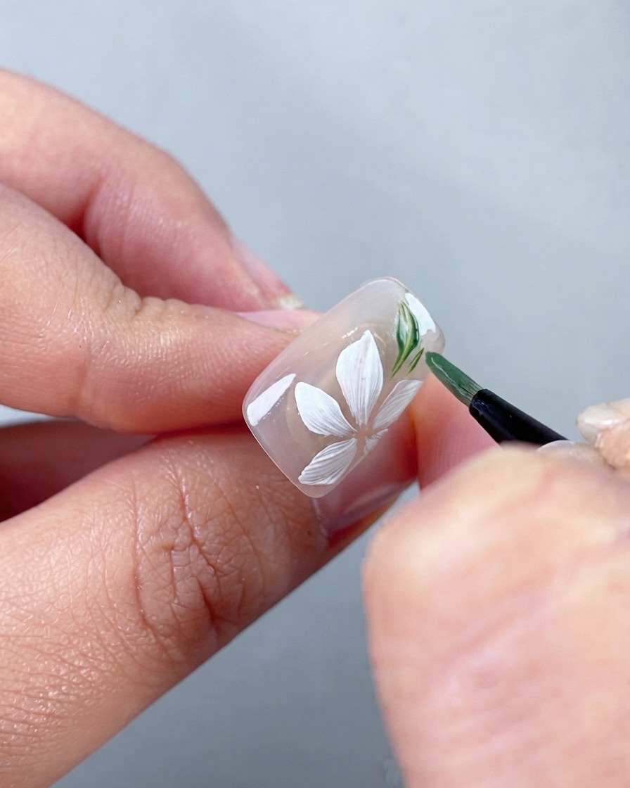 Nahaufnahme einer Hand, die mit einem feinen Detailpinsel zarte grüne Blätter neben weißen Blütenblättern auf einem Press-on-Nagel malt.