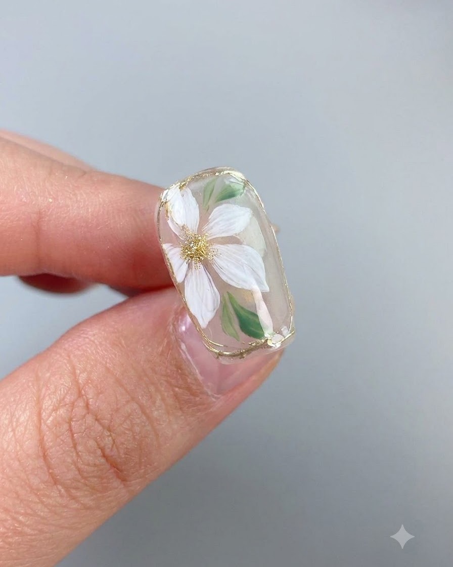 Ein Pinsel trägt einen finalen glänzenden Top-Coat über ein fertiges florales Nail-Art-Design mit weißer Blüte und Goldrand auf.