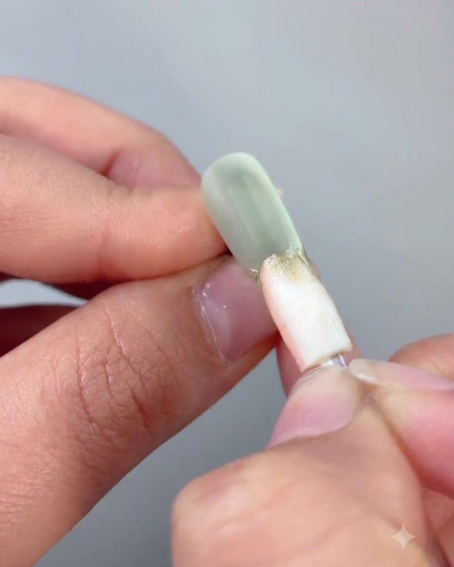 Ein Applikator-Tool reibt hellen Goldchrom-Puder auf die erhabene Randkontur eines Cat-Eye-Gel-Nagels.