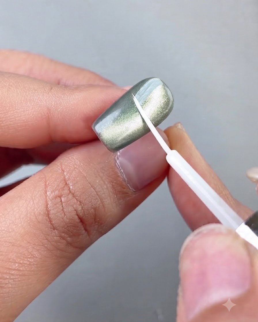 Ein feiner Detailpinsel trägt weiße Blooming Liquid in einem diagonalen Schwung über einen grünen Cat-Eye-Nagel auf.