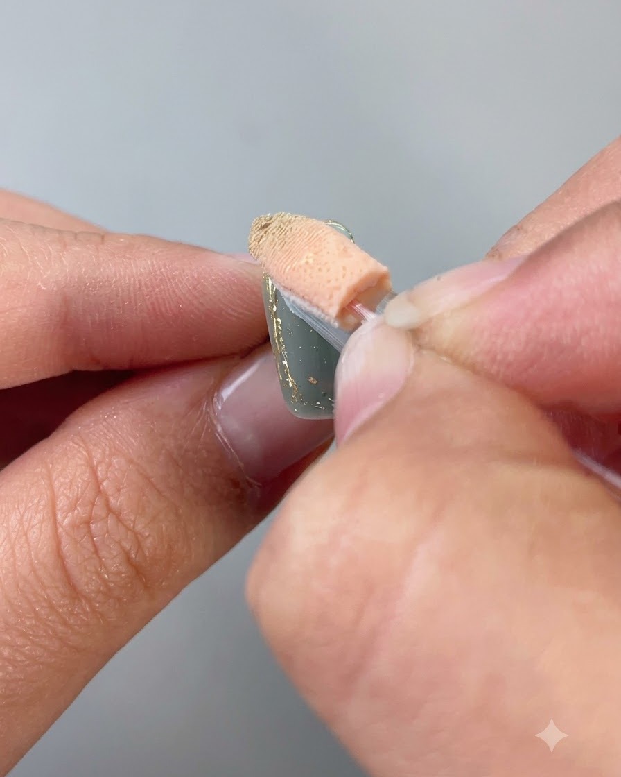 Ein Schwamm-Applikator reibt Goldpuder auf den umrandeten Rand eines Nagels auf.