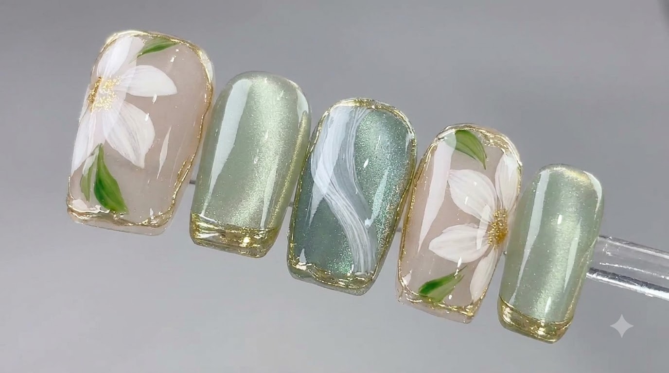 Frühlings-Eistee-Blüten-Nail-Art — Elegantes Cat Eye und 3D-Blumen-Tutorial