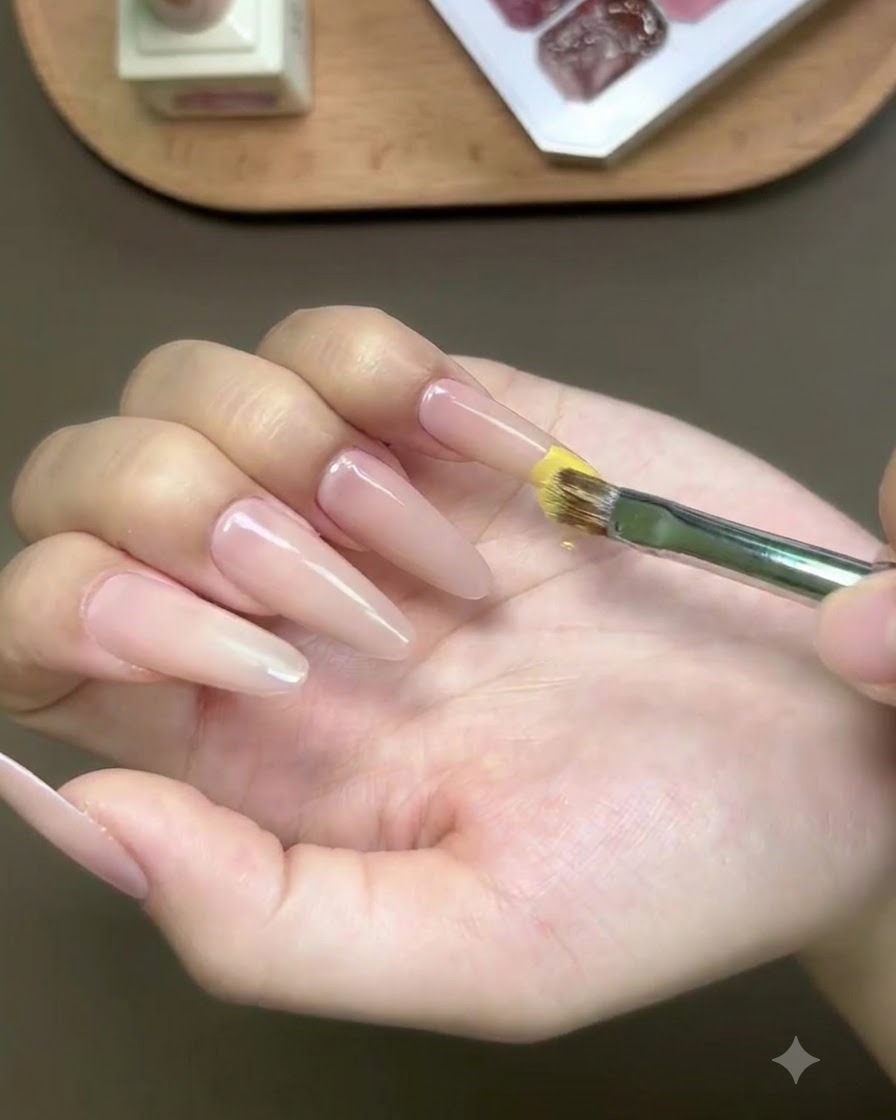 Ein Pinsel trägt gelben Gel-Nagellack auf die Spitze eines langen, mandelförmigen Nagels auf.
